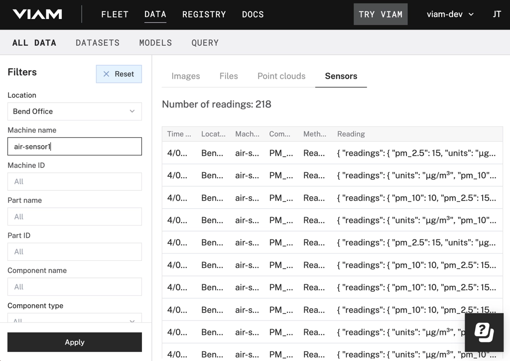 Data filtered for the location “Bend Office” and machine “air-sensor1” within the Viam app, ready to be turned into insights.