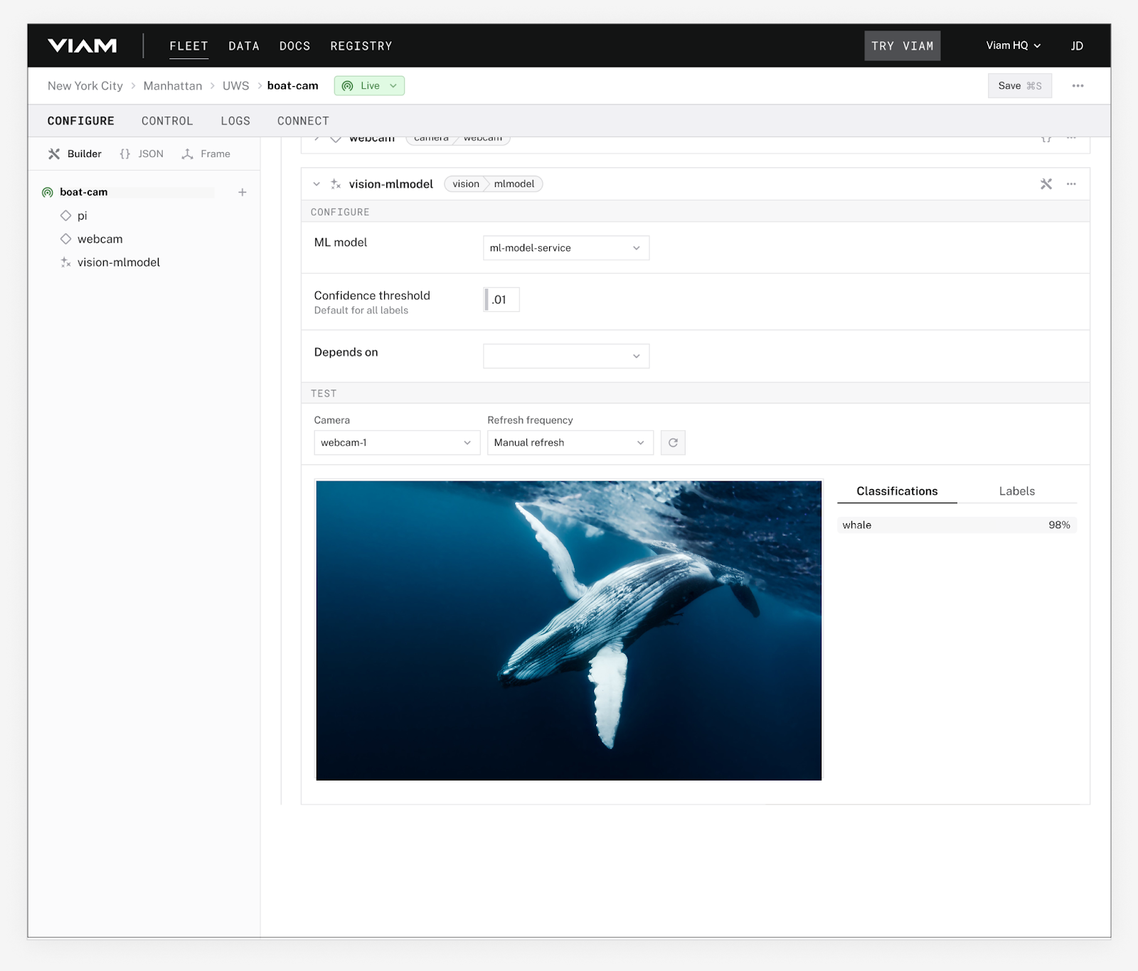 Viam’s app interface showing an underwater camera fit with image classification correctly identifying a whale.