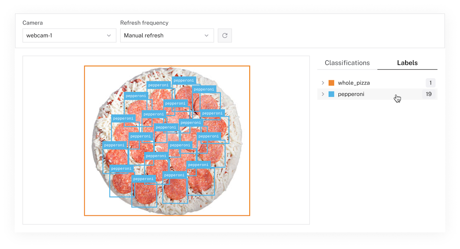 Within the Viam app, you can see a ML model tracking a pizza with and without specific ingredients.