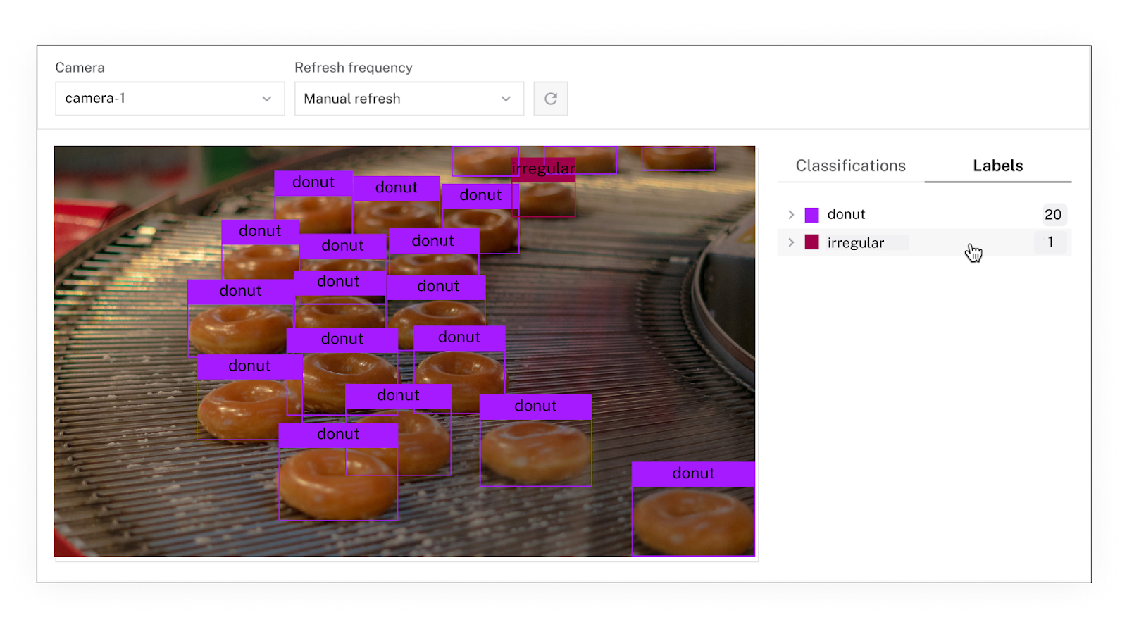 Image shows a manufacturing line, detecting a defect donut using an ML model deployed to a device with Viam.