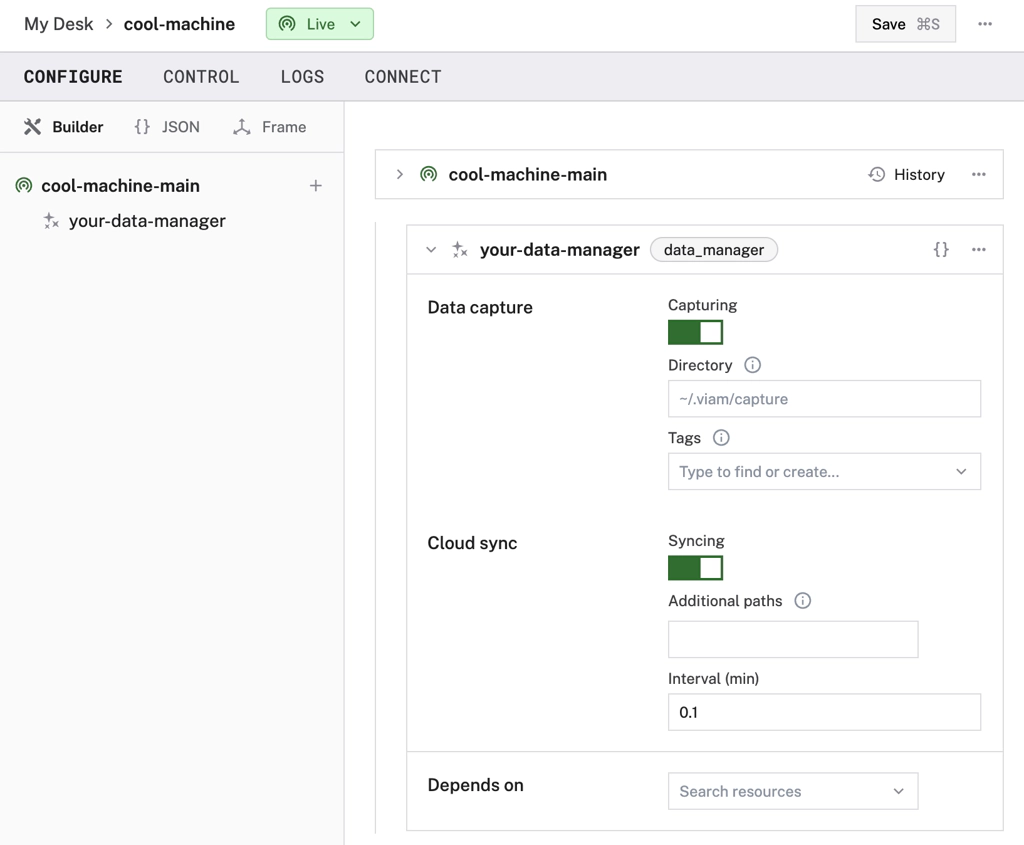 Setting up the data management service within the Viam app.