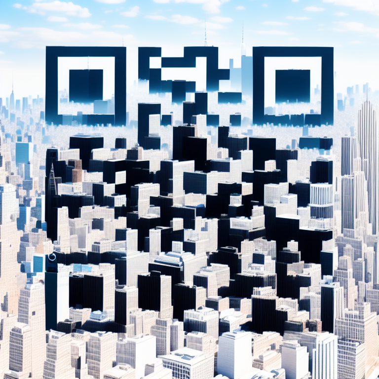 This QR code was generated on Hugging Face’s QR Code AI Art Generator with the prompt "Sky view of highly aesthetic, modern New York buildings.