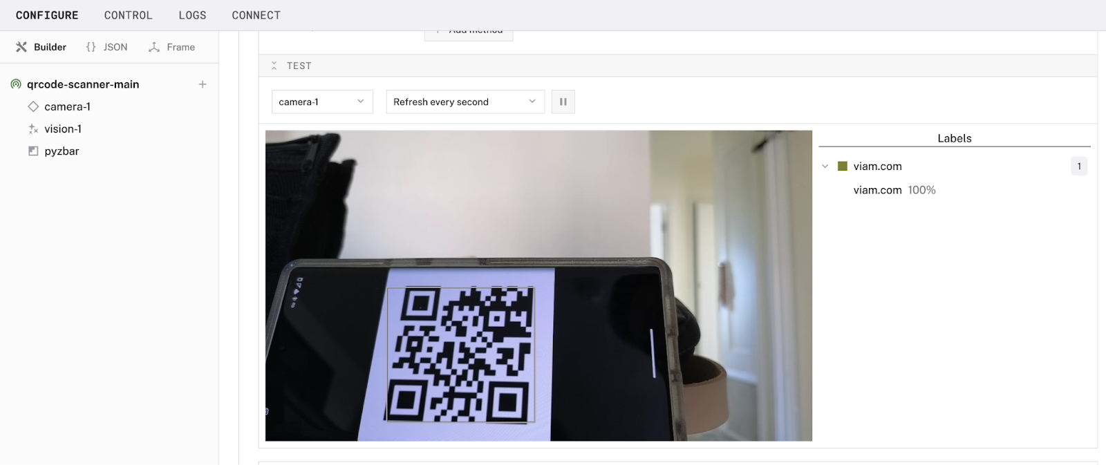 The QR code is able to be detected properly using the pyzbar module within the Viam app.