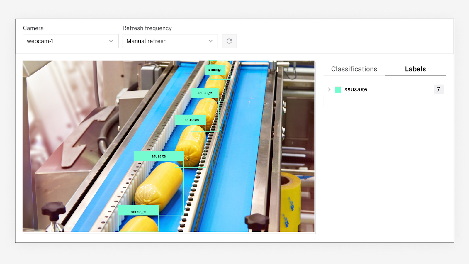 In food manufacturing, items like sausages on an assembly line are tracked with edge-based object detection technology, enabling real-time decisions for sorting, quality control, and assembly without reliance on cloud connectivity.